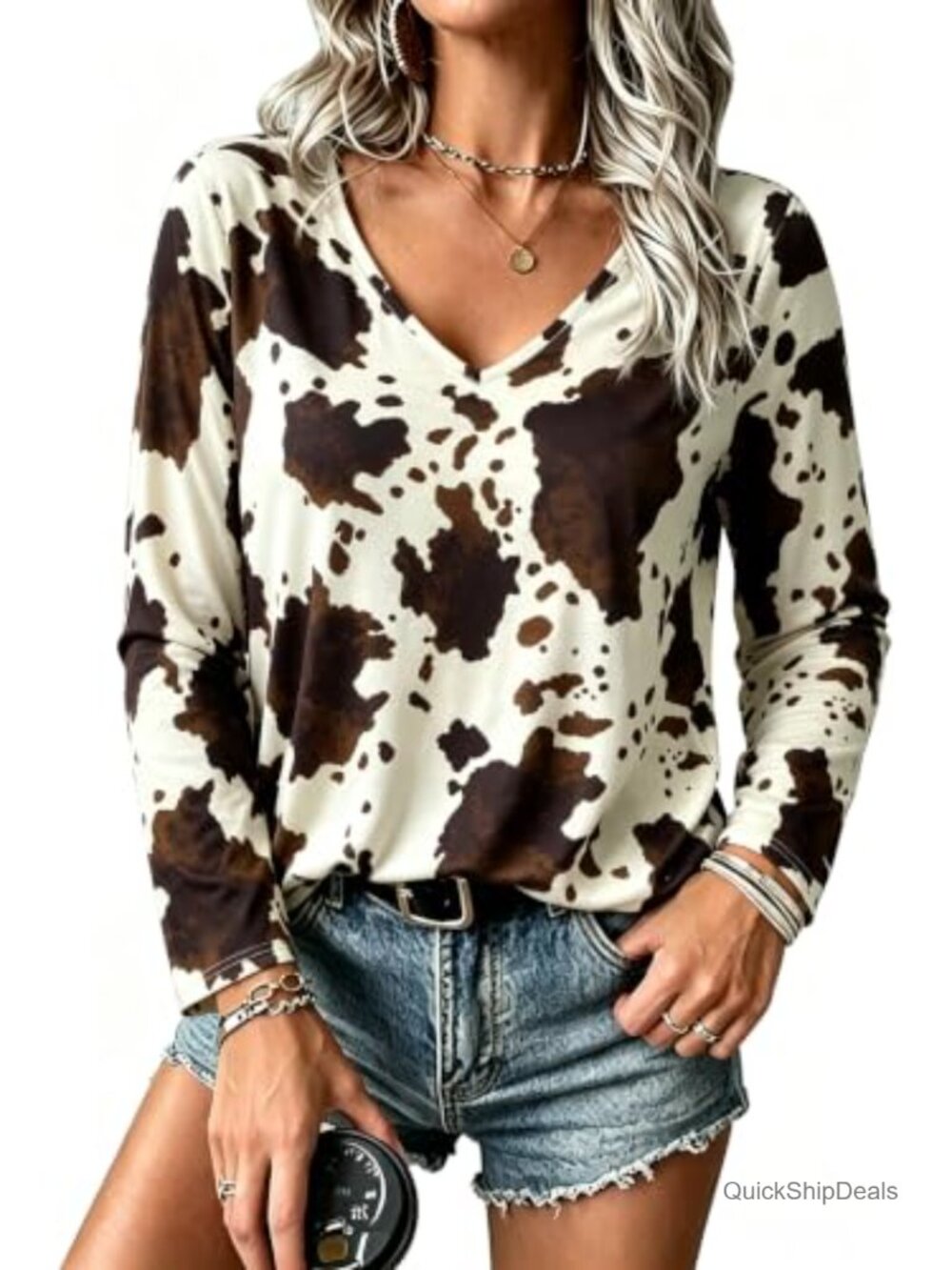 Womens Western Aztec Print V Neck Long Sleeve Blouse Cowgirl Top